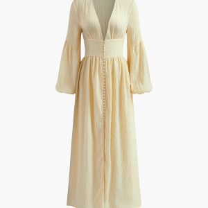 Boho Lantern Sleeve Button-Front Long Split Dress for Effortless Y2K Aesthetic Style