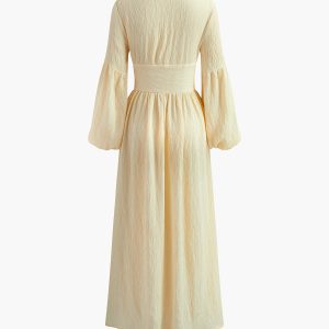 Boho Lantern Sleeve Button-Front Long Split Dress for Effortless Y2K Aesthetic Style