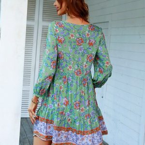 Boho Long Sleeve V-Neck Dress for Women - Casual Sexy Sundress for Spring & Summer Beach