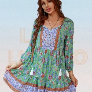 Boho Long Sleeve V-Neck Dress for Women - Casual Sexy Sundress for Spring & Summer Beach