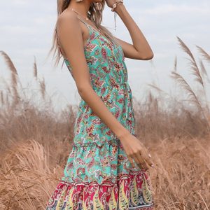 Boho V-Neck Slip Dress with Ethnic Print - Perfect for Y2K Aesthetic and Coquette Style