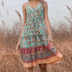 Boho V-Neck Slip Dress with Ethnic Print - Perfect for Y2K Aesthetic and Coquette Style