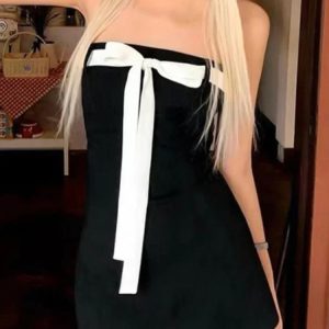 Bow Lace-Up Splice Mini Dress for Women - Off-Shoulder Backless Bodycon Dress in Y2K Style