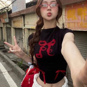 Bow Print Y2K Crop Top - Casual Slim Fit Short Sleeve Tee for Spicy Girls in Korean Fashion