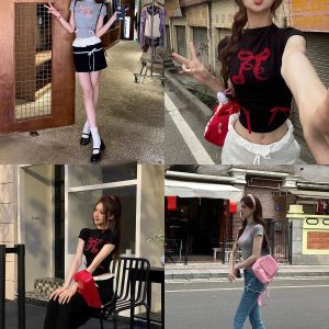 Bow Print Y2K Crop Top - Casual Slim Fit Short Sleeve Tee for Spicy Girls in Korean Fashion