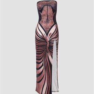 Brown Striped Print Strapless Dress - Y2K Aesthetic Summer Fashion for Trendy Outfits