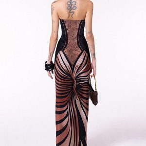 Brown Striped Print Strapless Dress - Y2K Aesthetic Summer Fashion for Trendy Outfits