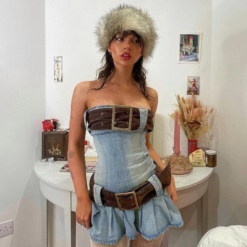 Buckle Belt Strapless Denim Mini Dress - Y2K Aesthetic Fashion for Trendy Outfits