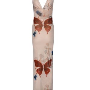 Butterfly Print Backless Slit Dress - Y2K Aesthetic Cute Dress for Trendy Outfits