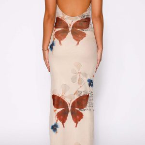 Butterfly Print Backless Slit Dress - Y2K Aesthetic Cute Dress for Trendy Outfits