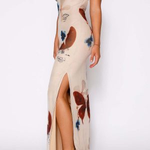 Butterfly Print Backless Slit Dress - Y2K Aesthetic Cute Dress for Trendy Outfits