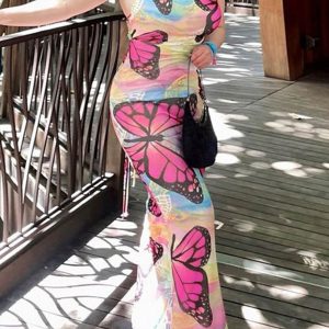 Butterfly Print Tie-Back Pack Hip Dress in Y2K Aesthetic for Cute Summer Outfits