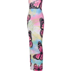 Butterfly Print Tie-Back Pack Hip Dress in Y2K Aesthetic for Cute Summer Outfits