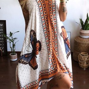 Butterfly Print Y2K Aesthetic Irregular Hem Halter Dress for Trendy Summer Vibes