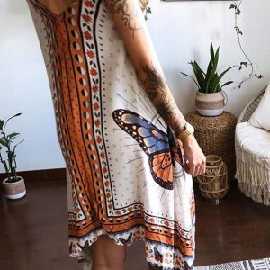 Butterfly Print Y2K Aesthetic Irregular Hem Halter Dress for Trendy Summer Vibes