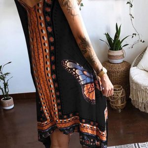 Butterfly Print Y2K Aesthetic Irregular Hem Halter Dress for Trendy Summer Vibes