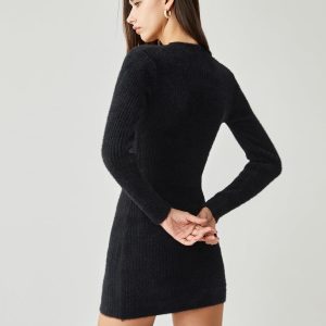 Button Detail Long Sleeve Ribbed Knit Sweater Dress - Y2K Aesthetic Cute Fashion Piece