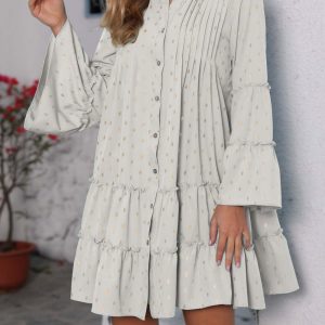 Button Pleated Bell Sleeve Tiered Dress - Y2K Aesthetic Fashion for Effortless Style