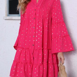 Button Pleated Bell Sleeve Tiered Dress - Y2K Aesthetic Fashion for Effortless Style