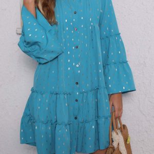 Button Pleated Bell Sleeve Tiered Dress - Y2K Aesthetic Fashion for Effortless Style