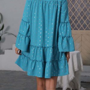 Button Pleated Bell Sleeve Tiered Dress - Y2K Aesthetic Fashion for Effortless Style