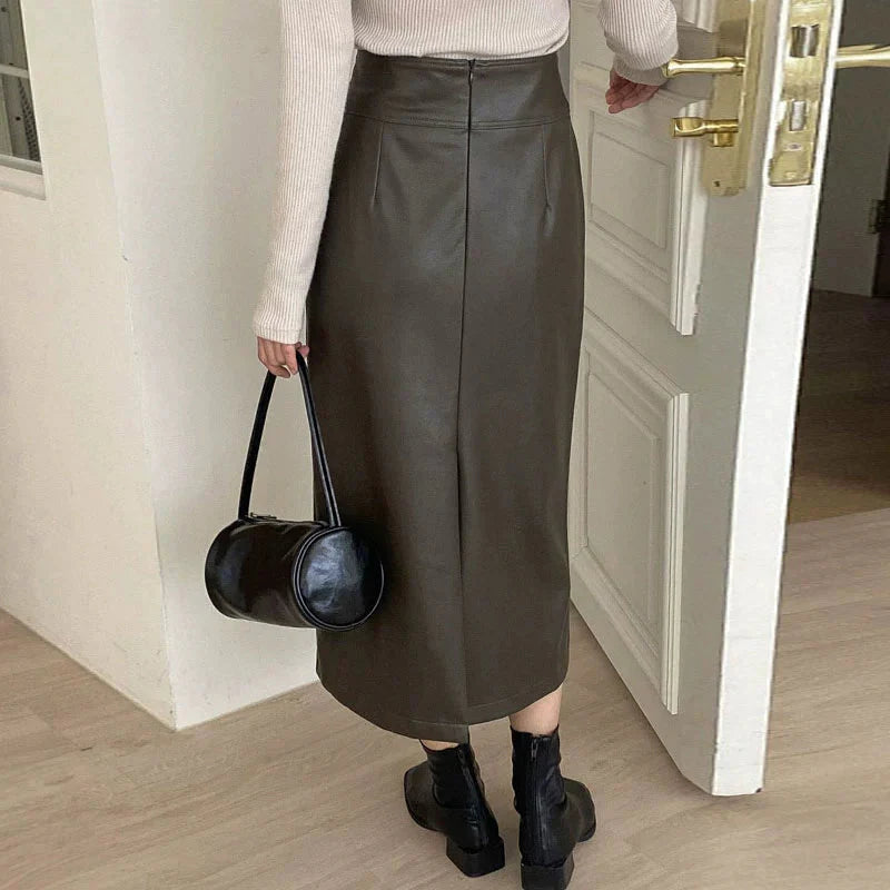 Cambria Y2K Faux Leather Midi Skirt - Trendy Grunge Aesthetic for Stylish Outfits