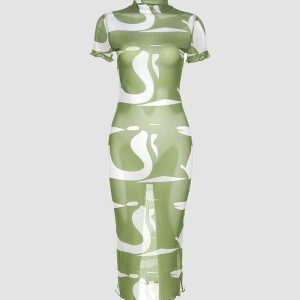 Camo Smokes Mesh Dress - Y2K Aesthetic Grunge Style with Sheer Details and Edgy Vibes