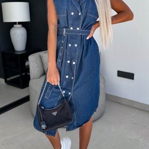 Cap Sleeve Double-Breasted Y2K Denim Dress with Strappy Details for Aesthetic Outfits