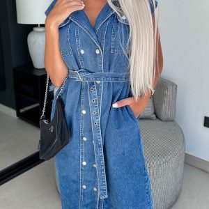 Cap Sleeve Double-Breasted Y2K Denim Dress with Strappy Details for Aesthetic Outfits