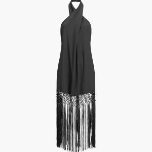 Capri Fringed Open Back Halter Midi Dress - Y2K Aesthetic Summer Fashion Statement