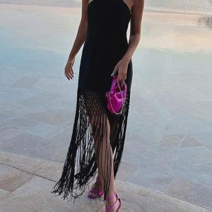 Capri Fringed Open Back Halter Midi Dress - Y2K Aesthetic Summer Fashion Statement