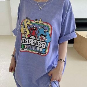 Cartoon Print Y2K Aesthetic Loose Dress for Cute and Comfy Outfits