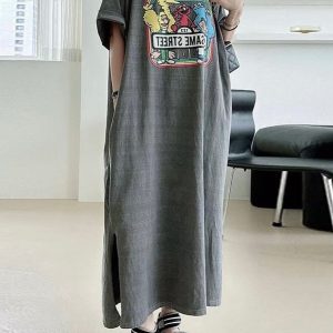 Cartoon Print Y2K Aesthetic Loose Dress for Cute and Comfy Outfits