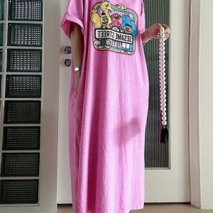 Cartoon Print Y2K Aesthetic Loose Dress for Cute and Comfy Outfits