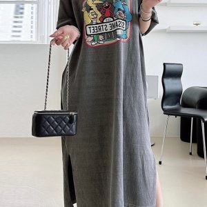 Cartoon Print Y2K Aesthetic Loose Dress for Cute and Comfy Outfits