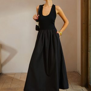 Casual Backless Midi Dress with Pockets - Effortless Y2K Style for Everyday Aesthetic