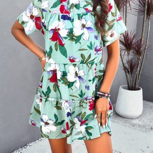 Casual Holiday Printed Short-Sleeved Dress in Y2K Aesthetic for Effortless Style