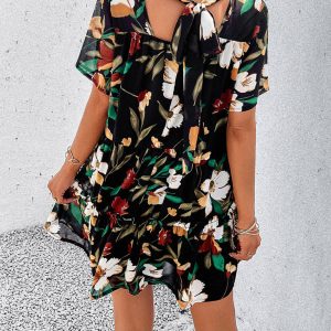 Casual Holiday Printed Short-Sleeved Dress in Y2K Aesthetic for Effortless Style