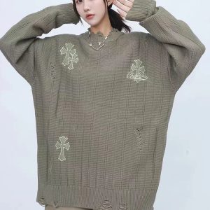 Casual Oversized Y2K Sweater with Embroidery - Trendy Knitted Pullover for Hip-Hop Style