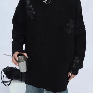 Casual Oversized Y2K Sweater with Embroidery - Trendy Knitted Pullover for Hip-Hop Style