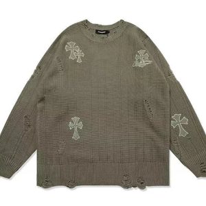 Casual Oversized Y2K Sweater with Embroidery - Trendy Knitted Pullover for Hip-Hop Style