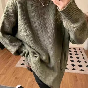 Casual Oversized Y2K Sweater with Embroidery - Trendy Knitted Pullover for Hip-Hop Style