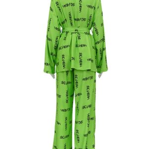 Casual V Neck Tie Top & Print Pant 2 Piece Set - Fashionable Loose Pajama Outfit for Women