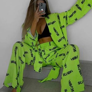 Casual V Neck Tie Top & Print Pant 2 Piece Set - Fashionable Loose Pajama Outfit for Women