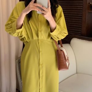 Casual Y2K Aesthetic Long Sleeve Shirt Dress for Women - Single-Breasted Midi Vestidos