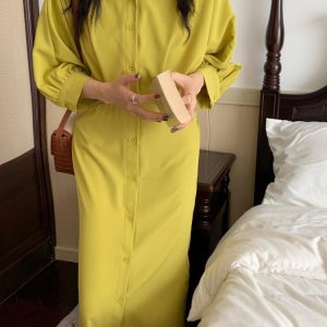 Casual Y2K Aesthetic Long Sleeve Shirt Dress for Women - Single-Breasted Midi Vestidos