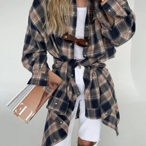 Casual Y2K Plaid Blouse for Women - Retro Loose Long Sleeve Cardigan for Fall & Winter Fashion