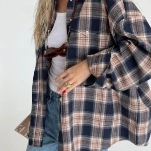 Casual Y2K Plaid Blouse for Women - Retro Loose Long Sleeve Cardigan for Fall & Winter Fashion