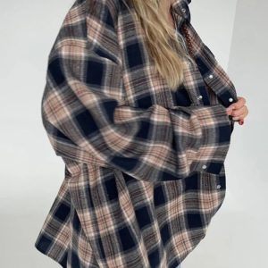 Casual Y2K Plaid Blouse for Women - Retro Loose Long Sleeve Cardigan for Fall & Winter Fashion