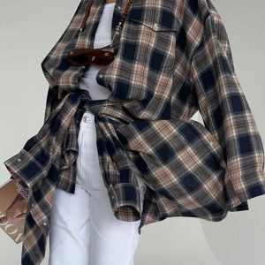 Casual Y2K Plaid Blouse for Women - Retro Loose Long Sleeve Cardigan for Fall & Winter Fashion